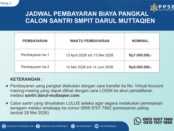 Pengumuman Hasil Tes Tahap 2 Calon Santri SMPIT Darul Muttaqien TP 2026-2027