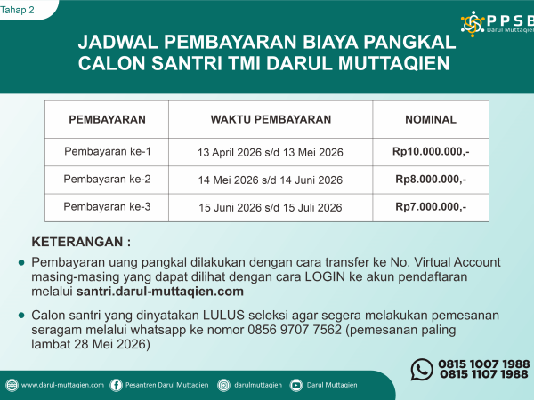 Pengumuman Hasil Tes Tahap 2 Calon Santri TMI Darul Muttaqien TP 2026-2027